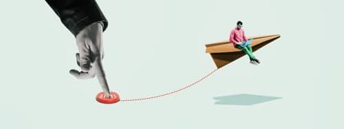 A person pushing a button connected to a person riding a paper plane